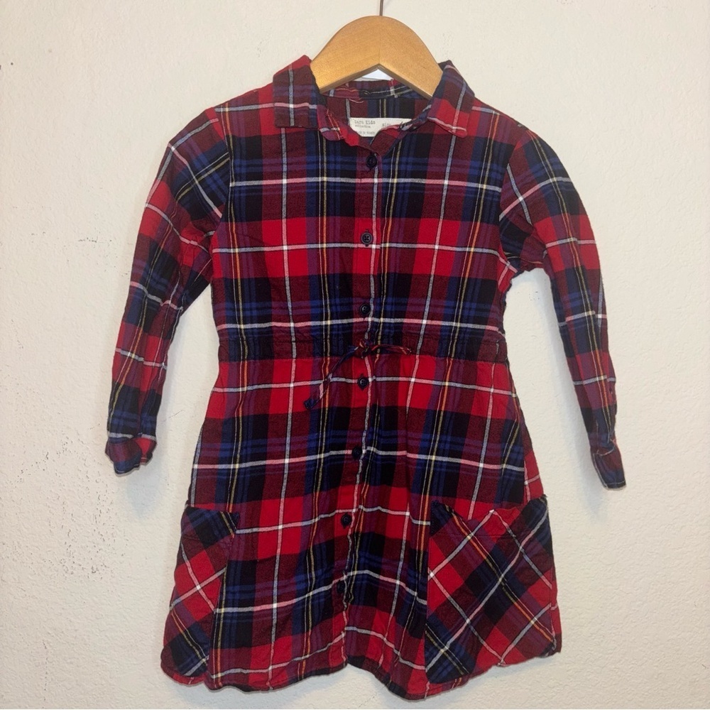 ZARA kids red navy plaid shirt dress, girls size 5 Long Sleeve Dress